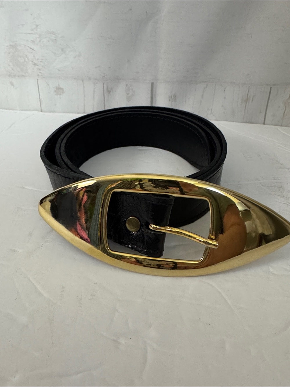 Patricia Green Details Sz L Vintage Black Leather Belt W/Gold 80’s Belt Buckle